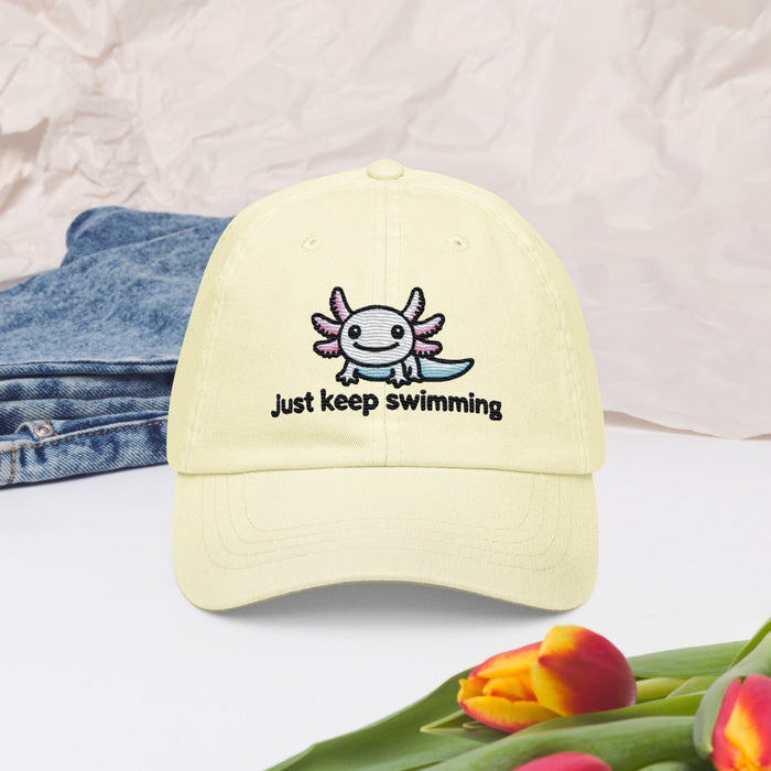 Embroidered "Axolotl Just Keep Swimming" Pastel Baseball Hat, Low Profile Cotton Cap Great Gift Idea