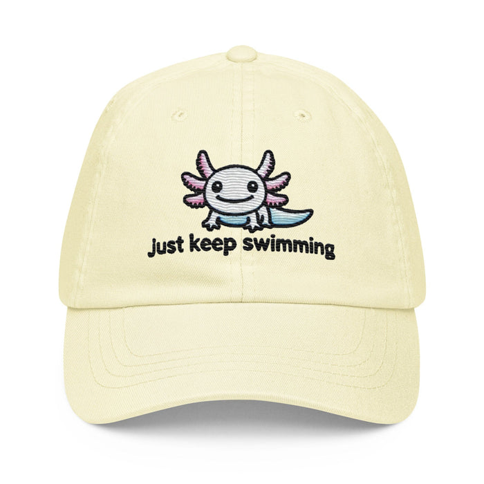 Embroidered "Axolotl Just Keep Swimming" Pastel Baseball Hat, Low Profile Cotton Cap Great Gift Idea