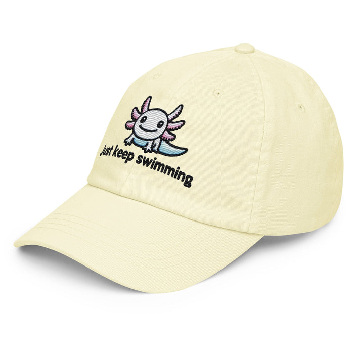 Embroidered "Axolotl Just Keep Swimming" Pastel Baseball Hat, Low Profile Cotton Cap Great Gift Idea