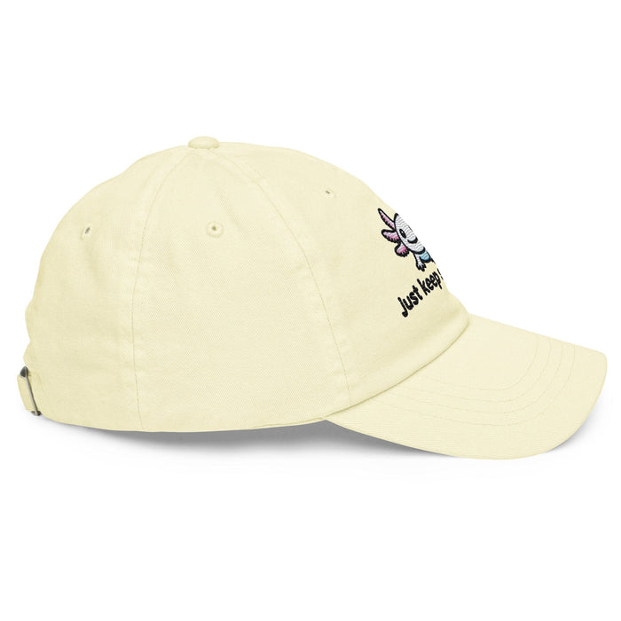 Embroidered "Axolotl Just Keep Swimming" Pastel Baseball Hat, Low Profile Cotton Cap Great Gift Idea