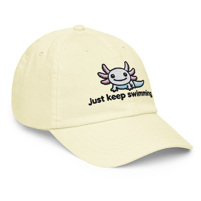 Embroidered "Axolotl Just Keep Swimming" Pastel Baseball Hat, Low Profile Cotton Cap Great Gift Idea