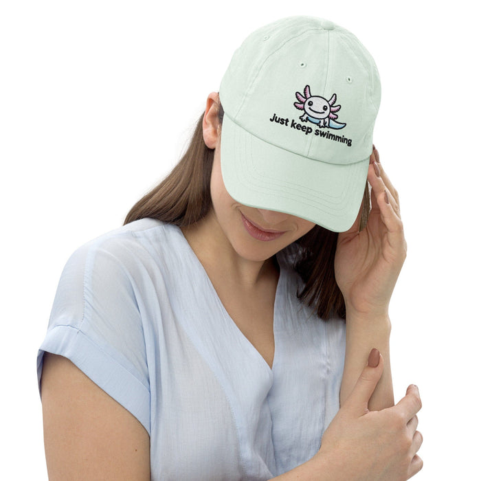 Embroidered "Axolotl Just Keep Swimming" Pastel Baseball Hat, Low Profile Cotton Cap Great Gift Idea