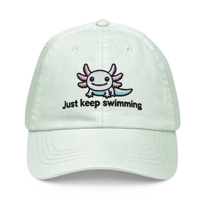 Embroidered "Axolotl Just Keep Swimming" Pastel Baseball Hat, Low Profile Cotton Cap Great Gift Idea