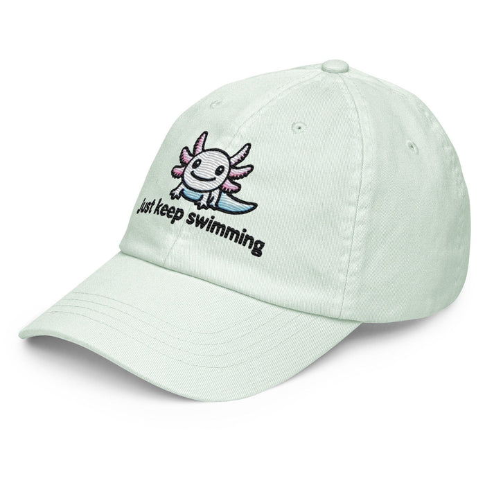 Embroidered "Axolotl Just Keep Swimming" Pastel Baseball Hat, Low Profile Cotton Cap Great Gift Idea