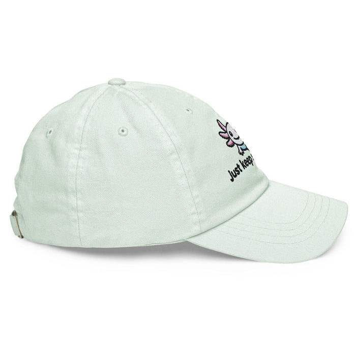 Embroidered "Axolotl Just Keep Swimming" Pastel Baseball Hat, Low Profile Cotton Cap Great Gift Idea