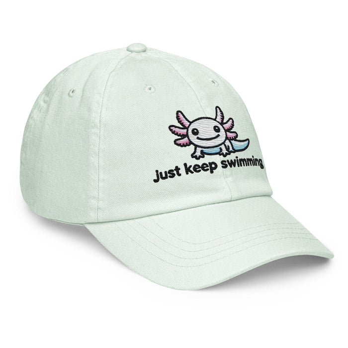 Embroidered "Axolotl Just Keep Swimming" Pastel Baseball Hat, Low Profile Cotton Cap Great Gift Idea