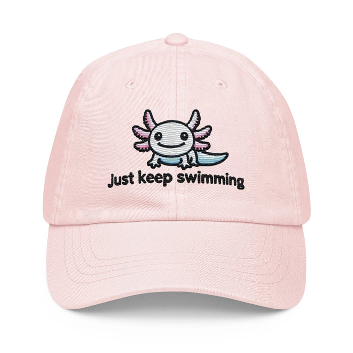 Embroidered "Axolotl Just Keep Swimming" Pastel Baseball Hat, Low Profile Cotton Cap Great Gift Idea