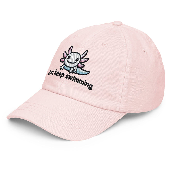 Embroidered "Axolotl Just Keep Swimming" Pastel Baseball Hat, Low Profile Cotton Cap Great Gift Idea