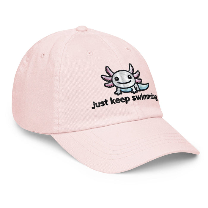 Embroidered "Axolotl Just Keep Swimming" Pastel Baseball Hat, Low Profile Cotton Cap Great Gift Idea