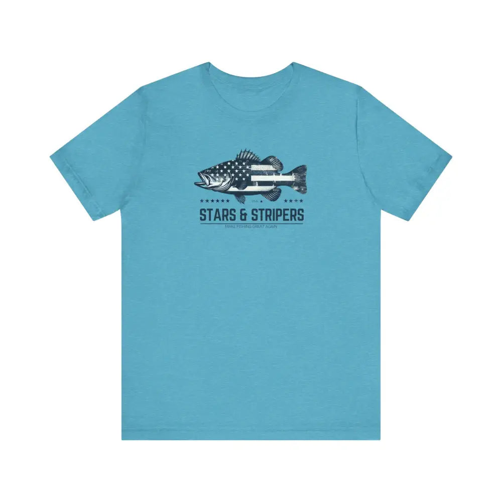 Patriotic fishing unisex light blue bass tee with stars and stripers flag graphic