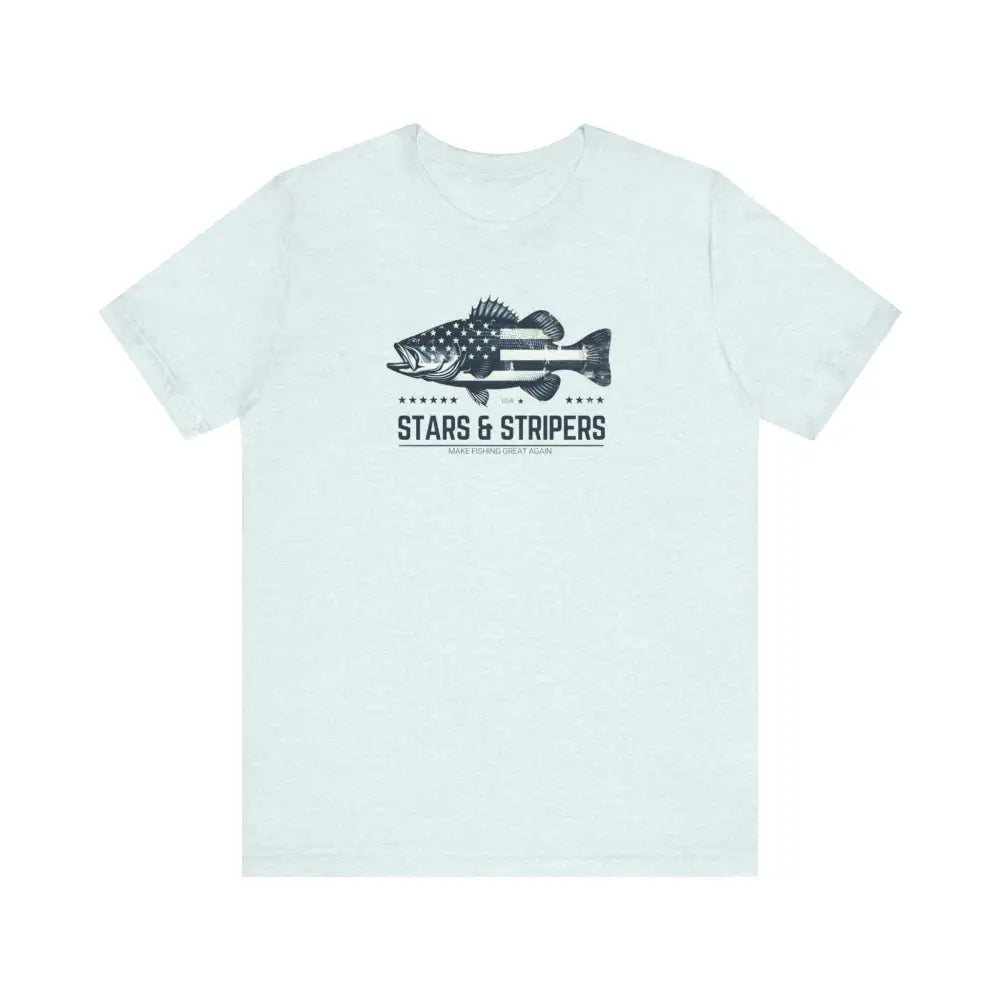 Patriotic fishing unisex light blue bass tee with flag graphic