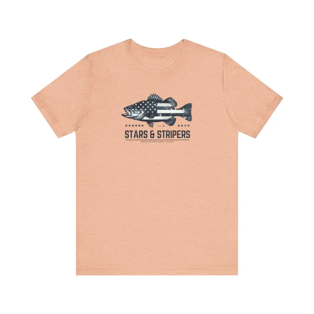 Patriotic Fishing Unisex Bass Graphic Tee with Peach Short-Sleeve