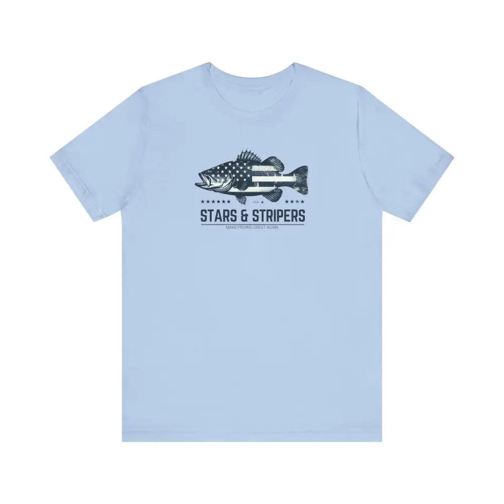 Patriotic fishing unisex light blue T-shirt with Stars and Stripers fish graphic