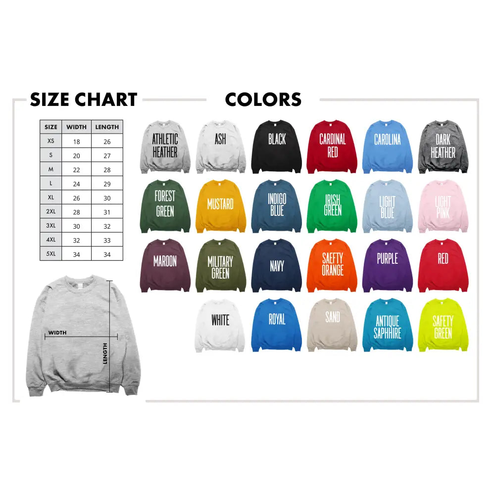 Patriotic Bison size chart and colors for Trini Skies crewneck sweatshirt