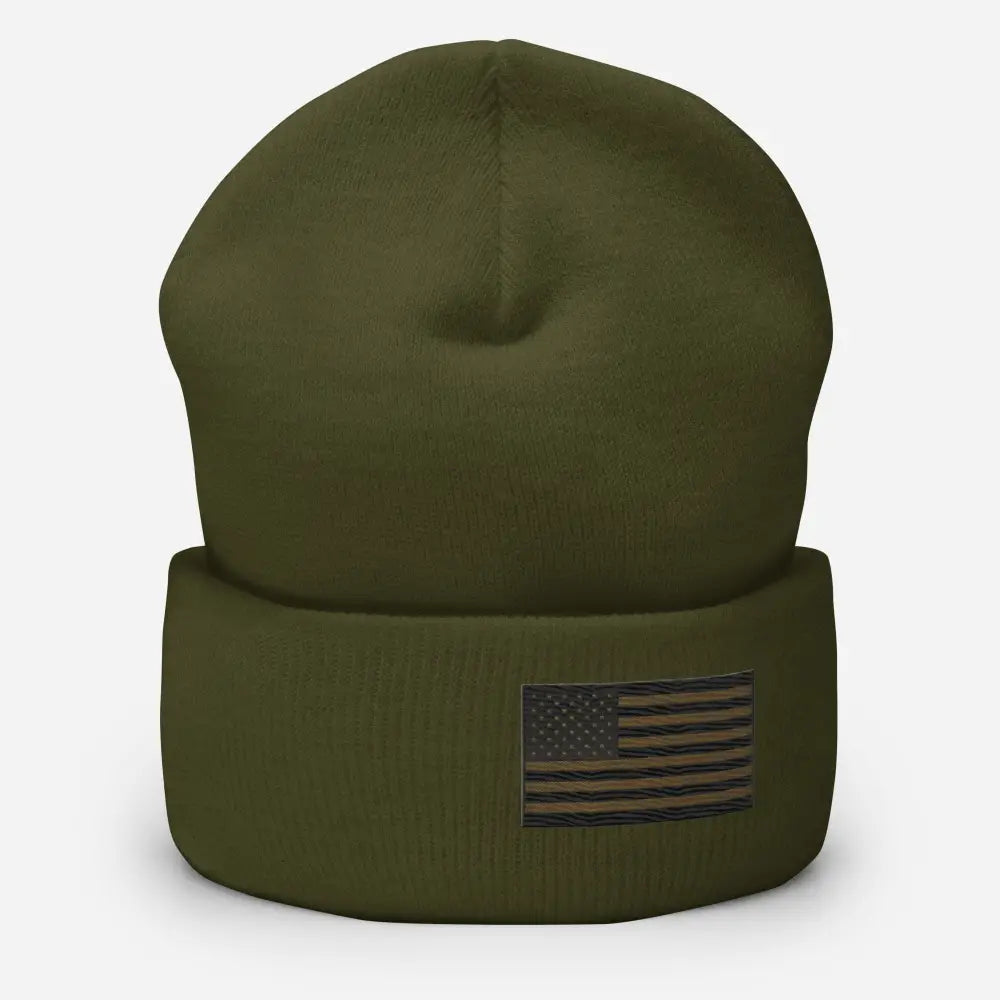 Olive drab patriotic embroidered American flag beanie – USA military style winter hat