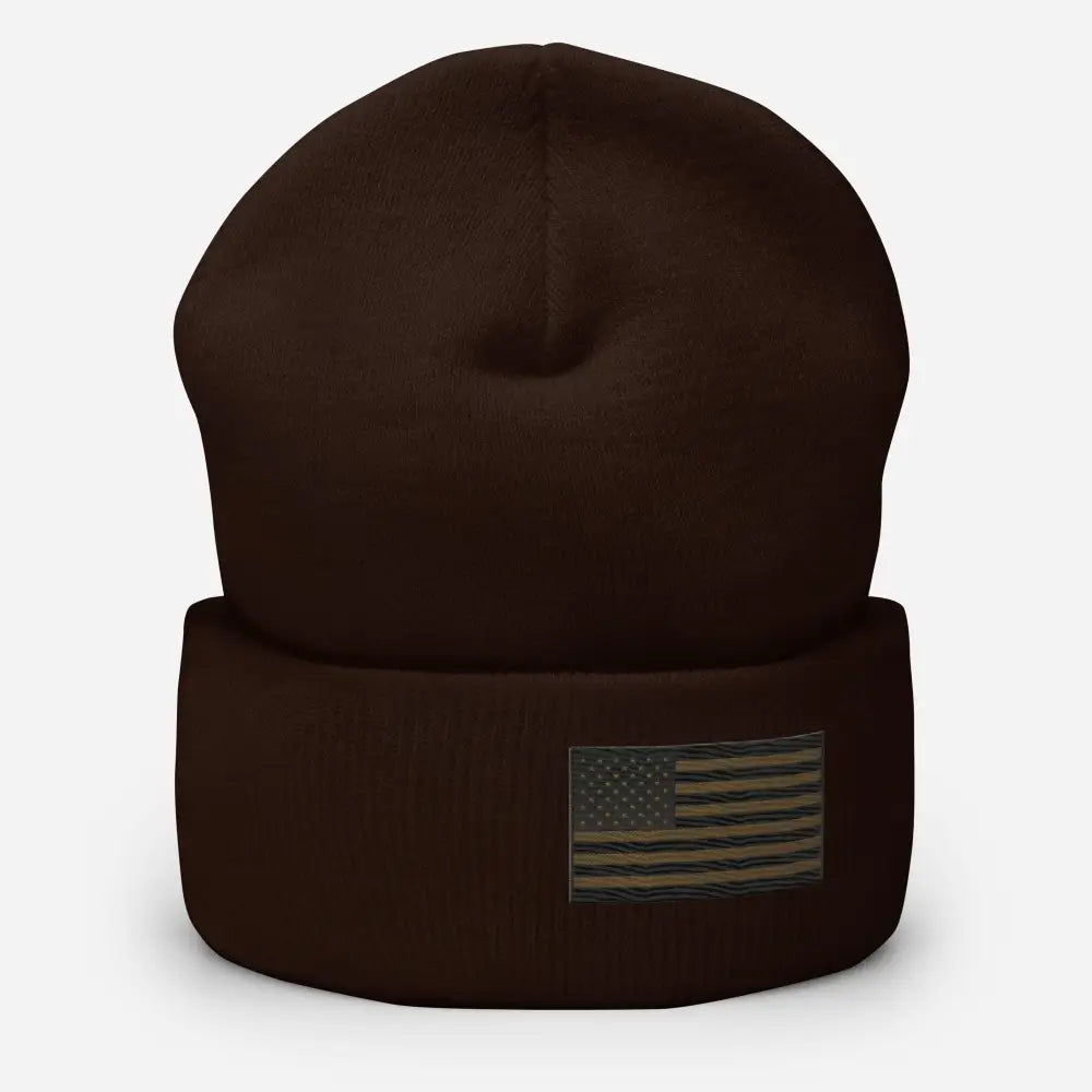Dark brown patriotic embroidered American flag beanie – USA winter knit hat