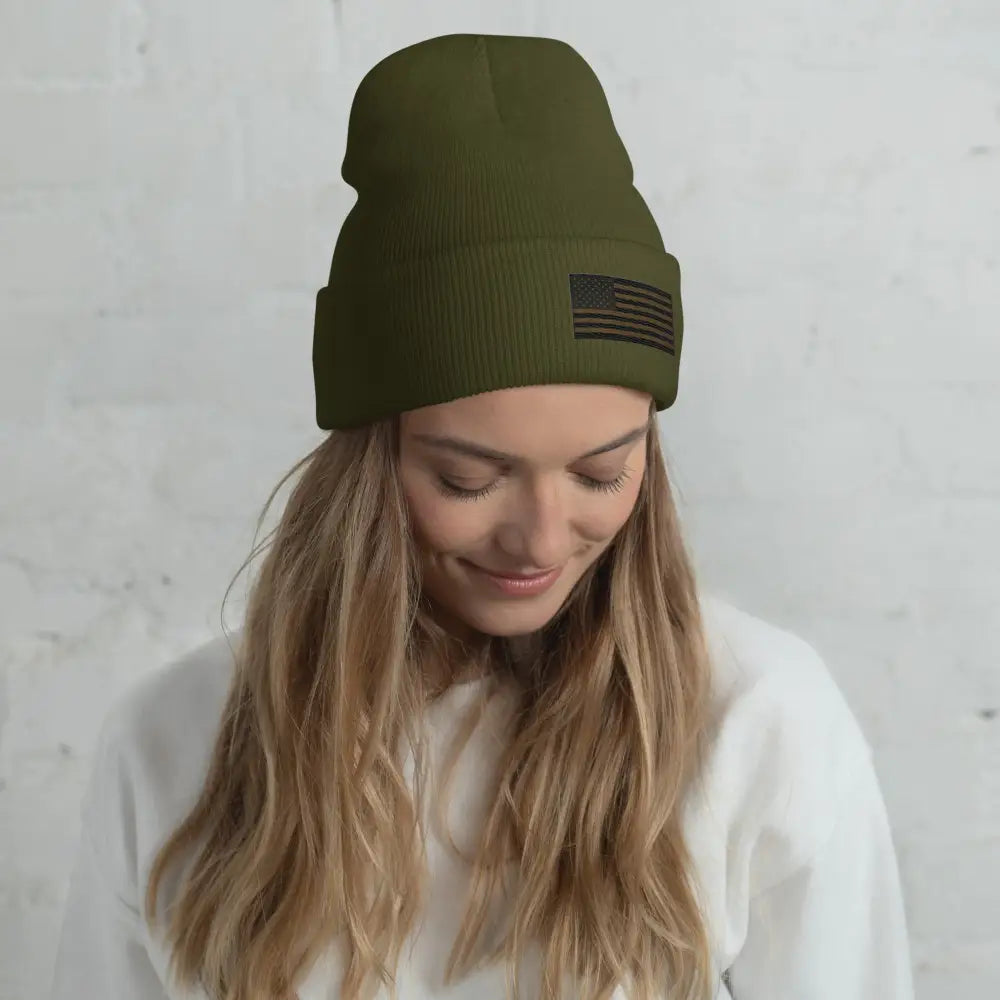 Olive green patriotic embroidered American flag beanie – USA winter knit hat unisex