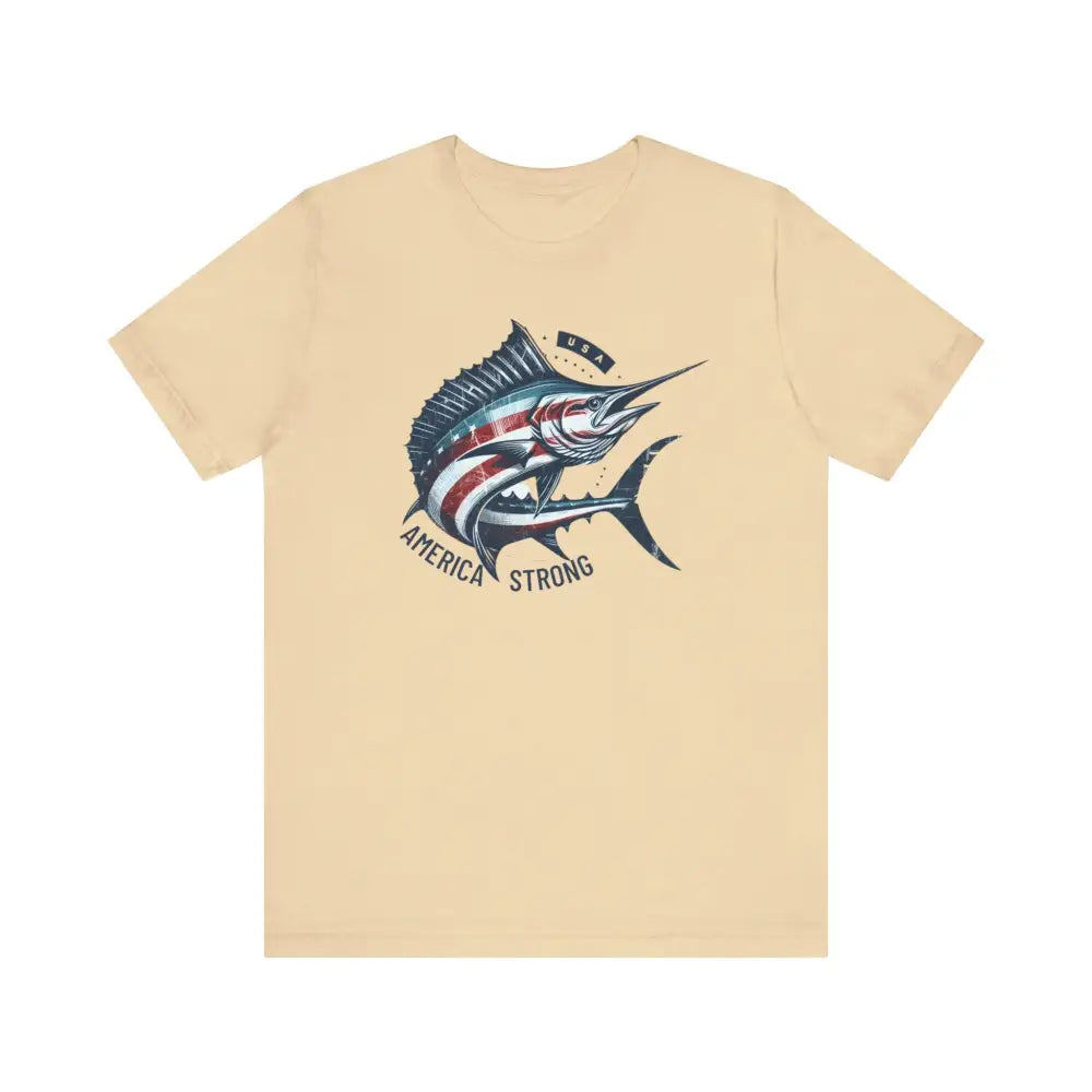 Patriotic Marlin America Strong Unisex Graphic Tee in cream
