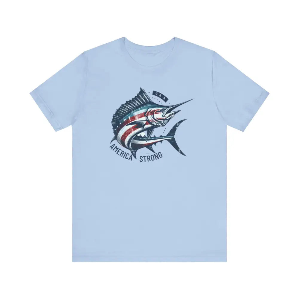 Light blue America Strong unisex short sleeve jersey with patriotic marlin graphic