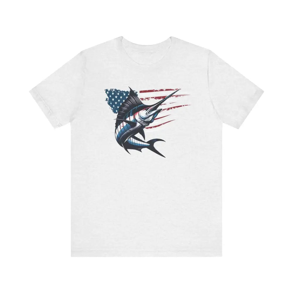 Patriotic marlin freedom unisex jersey short sleeve tee with flag graphic