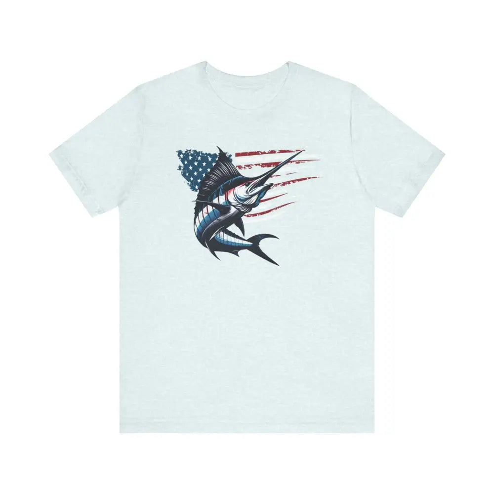 Light blue Patriotic Marlin Freedom Unisex Jersey Short Sleeve Tee with marlin and flag graphic