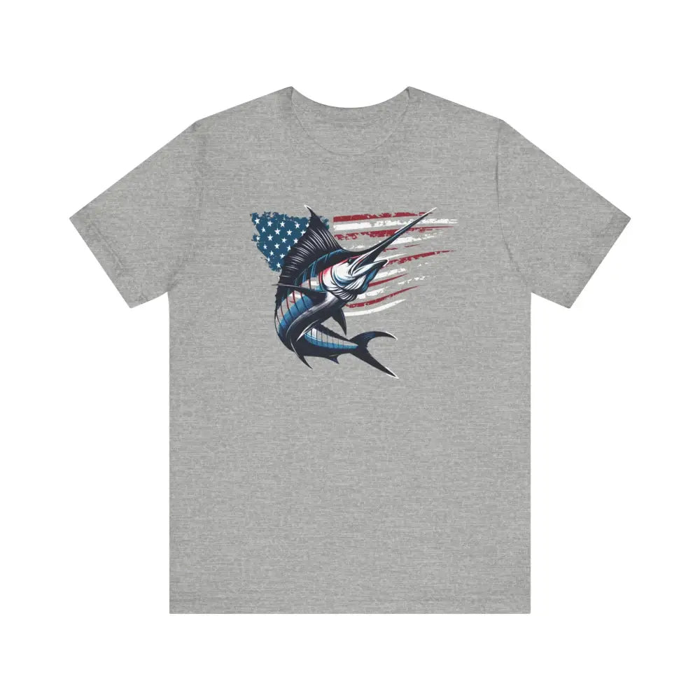 Patriotic marlin freedom unisex jersey short sleeve tee with heather gray fabric, marlin graphic and distressed American flag