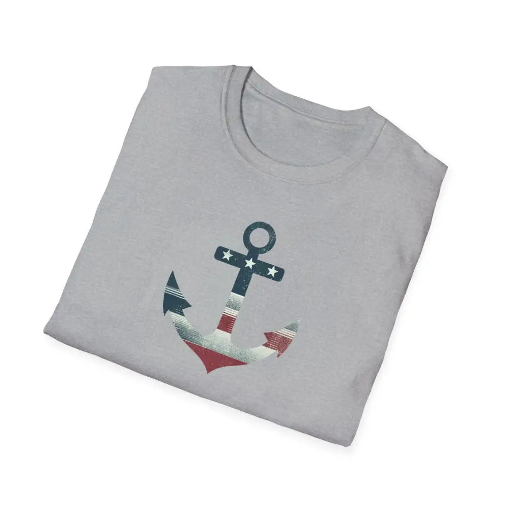 Grey unisex soft-style t-shirt with nautical seaside anchor graphic