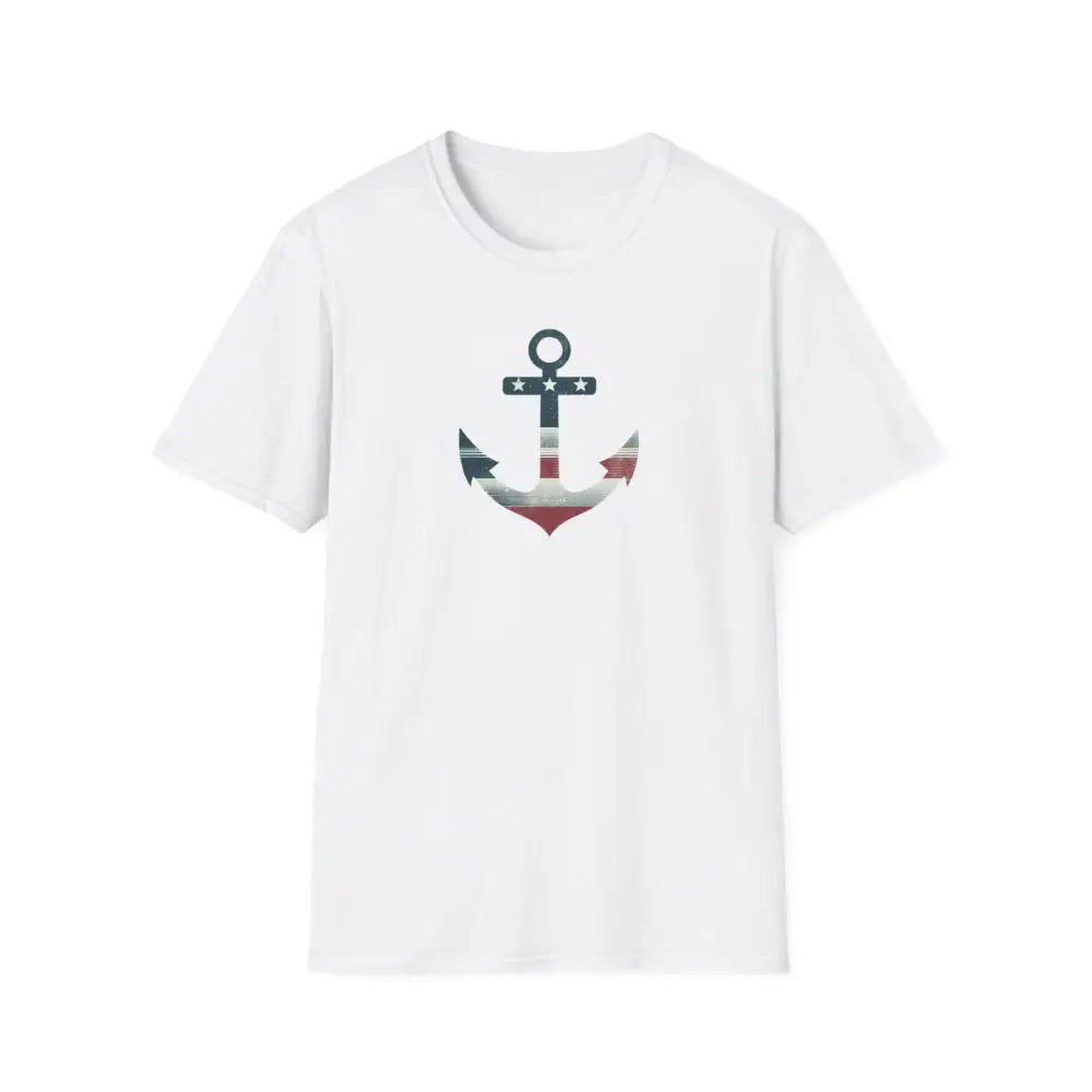 White unisex soft-style t-shirt with nautical seaside anchor graphic