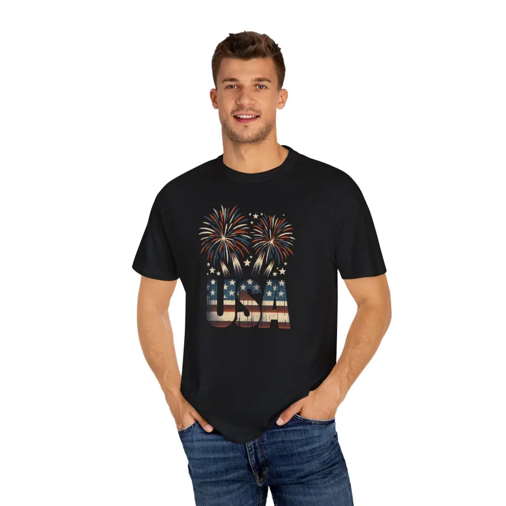 Patriotic USA fireworks black graphic tee with flag and fireworks