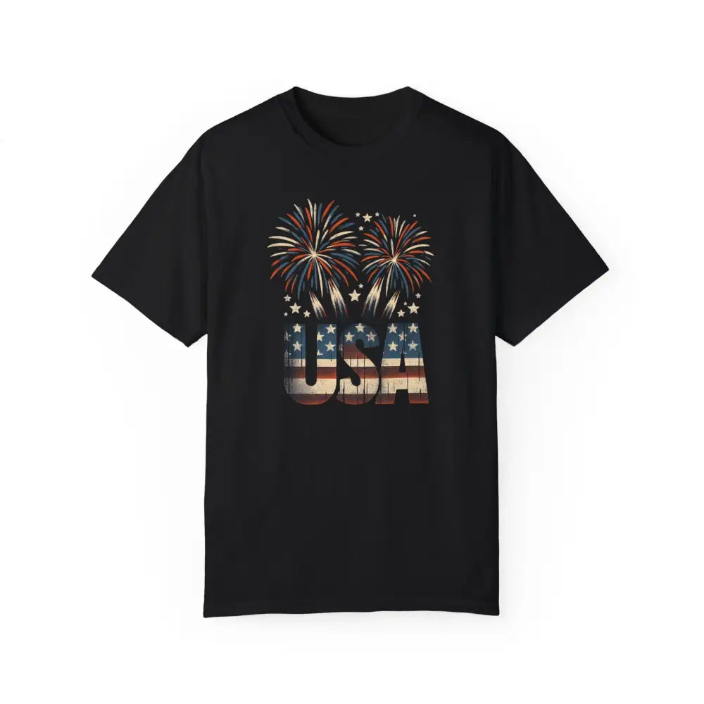 Black Patriotic USA Fireworks Graphic Tee with Flag Design