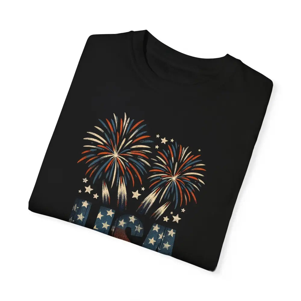 Black Patriotic USA Fireworks Graphic Tee on Comfort Colors 1717