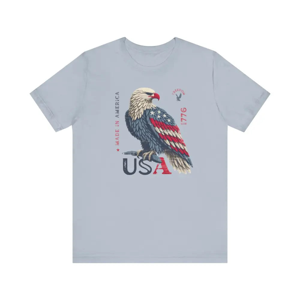 Patriotic USA made unisex jersey short sleeve tee with bald eagle flag graphic