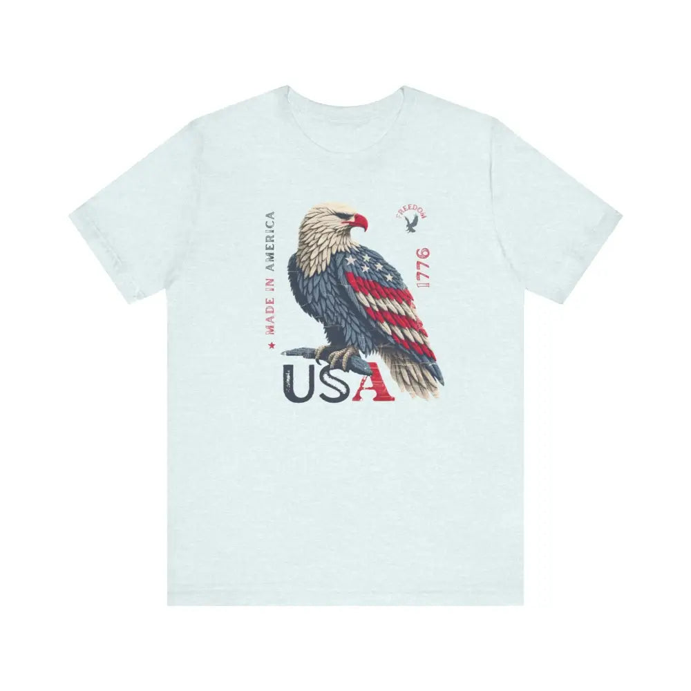 Light blue patriotic USA made unisex jersey short sleeve tee with bald eagle graphic