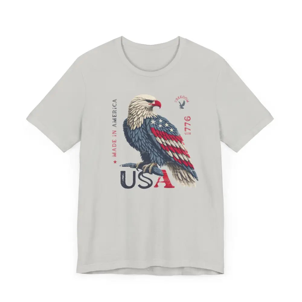 Patriotic USA Made unisex jersey short sleeve tee with bald eagle graphic