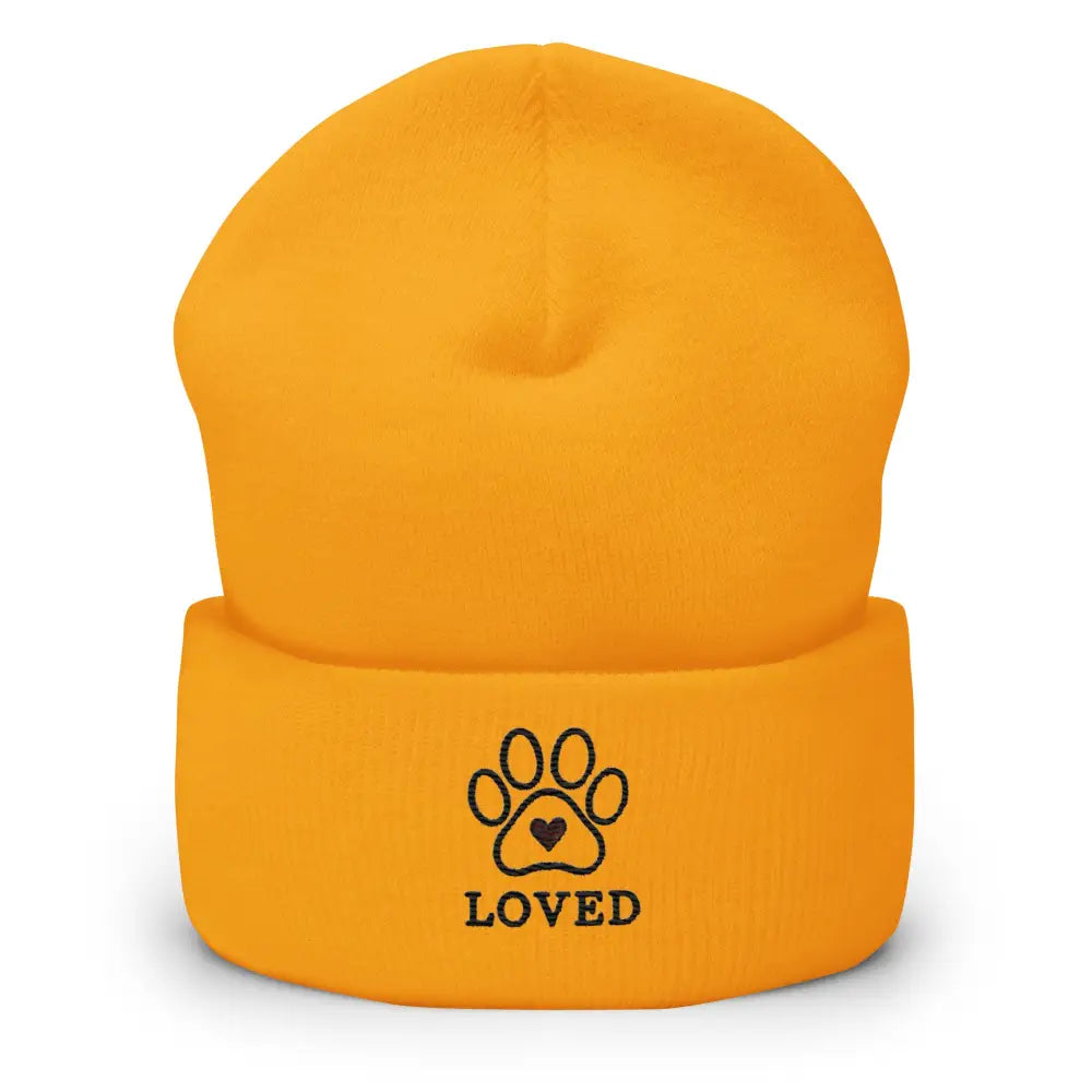 Orange embroidered pet lovers beanie with paw print heart design
