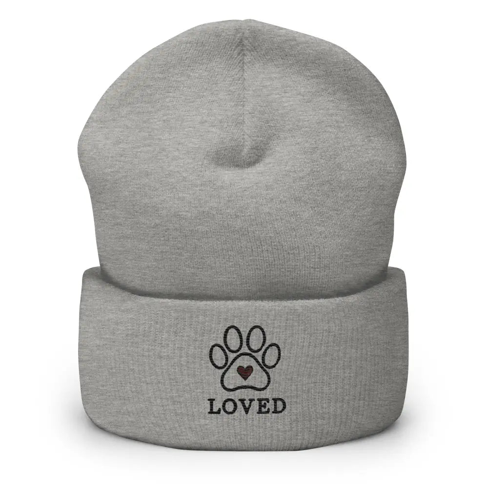 Gray knit Trini Skies embroidered pet lovers beanie with paw print heart