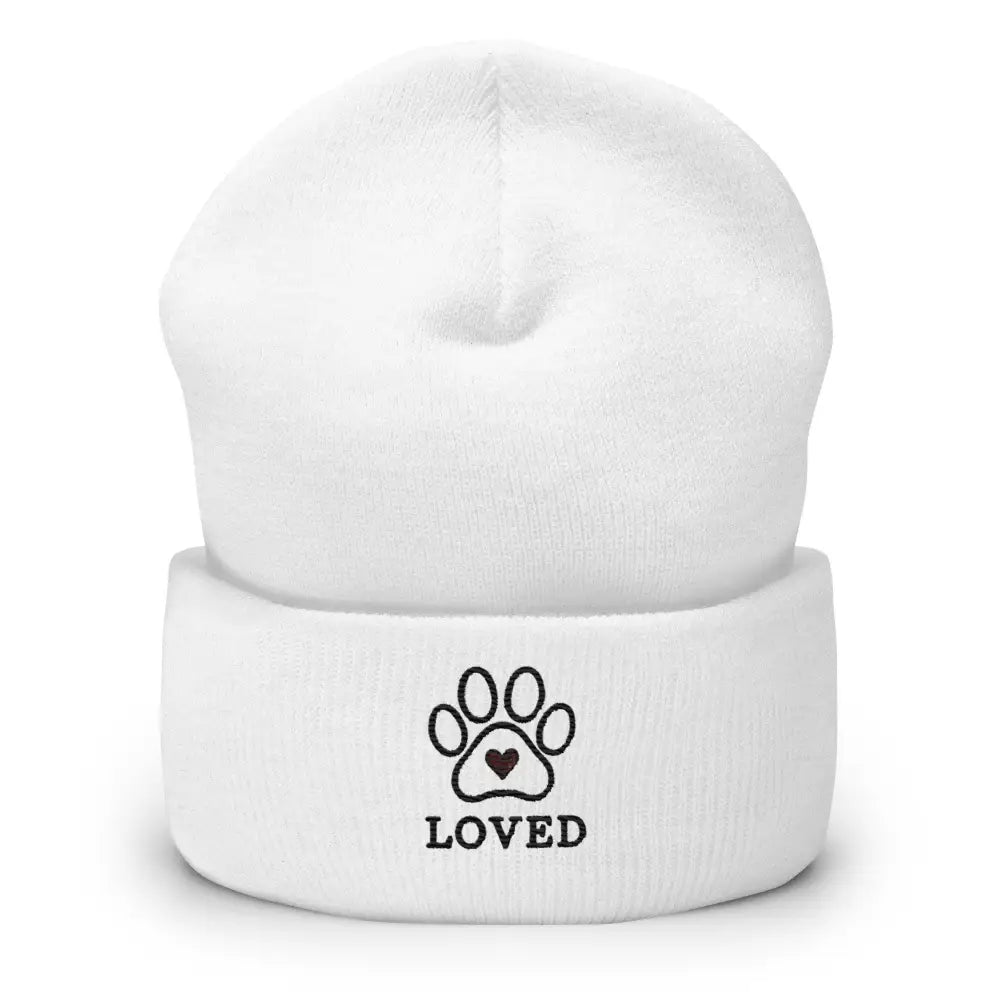 White beanie with black paw print and LOVED embroidery for pet lovers