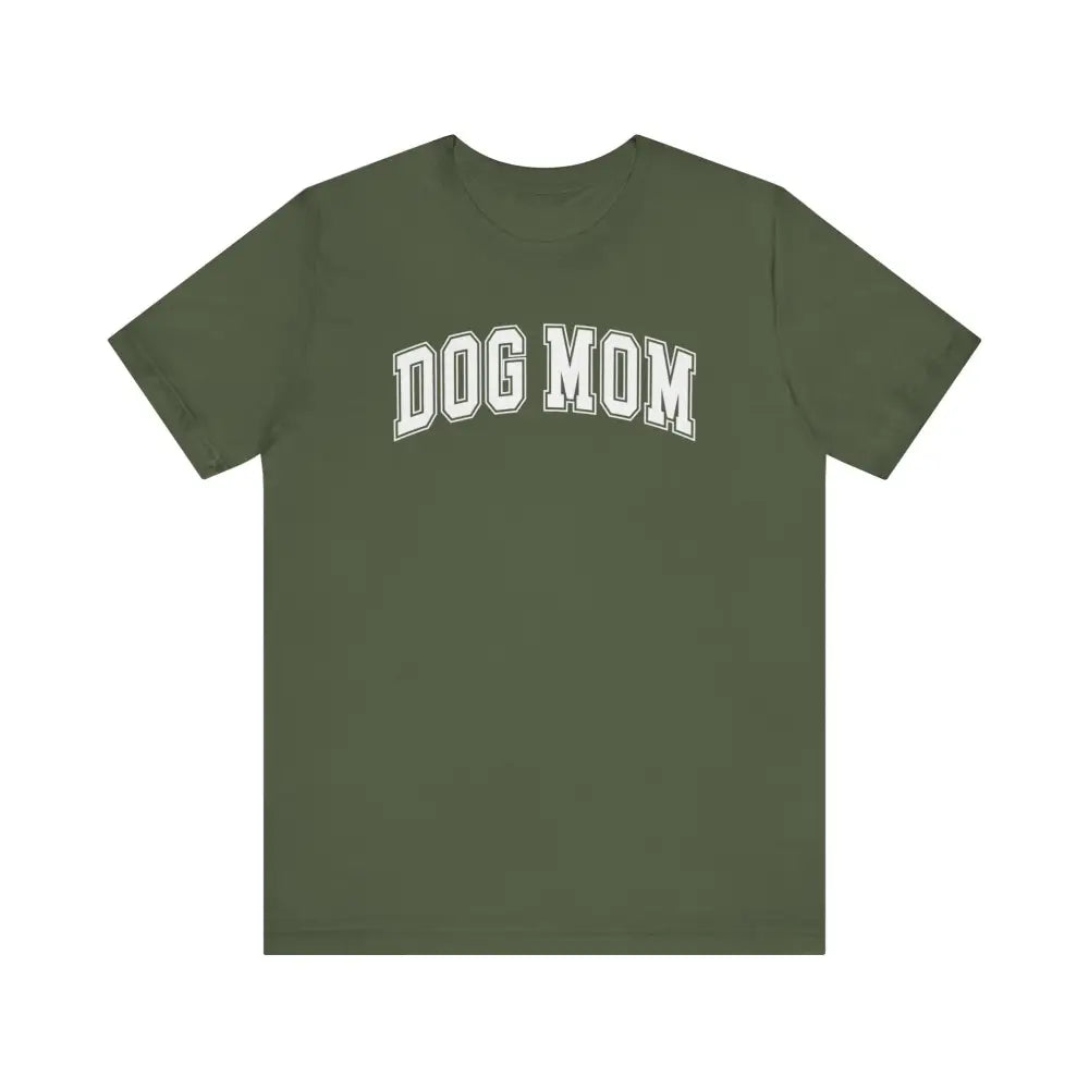 Short-sleeved olive green paw-some dog mom t-shirt with white arched text