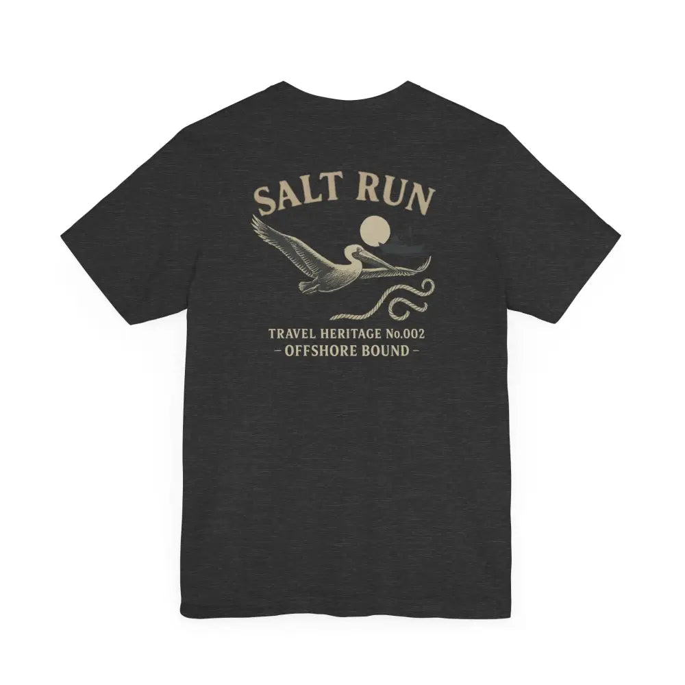 Vintage Pelican Graphic Tee in dark grey with flying bird, sun, waves