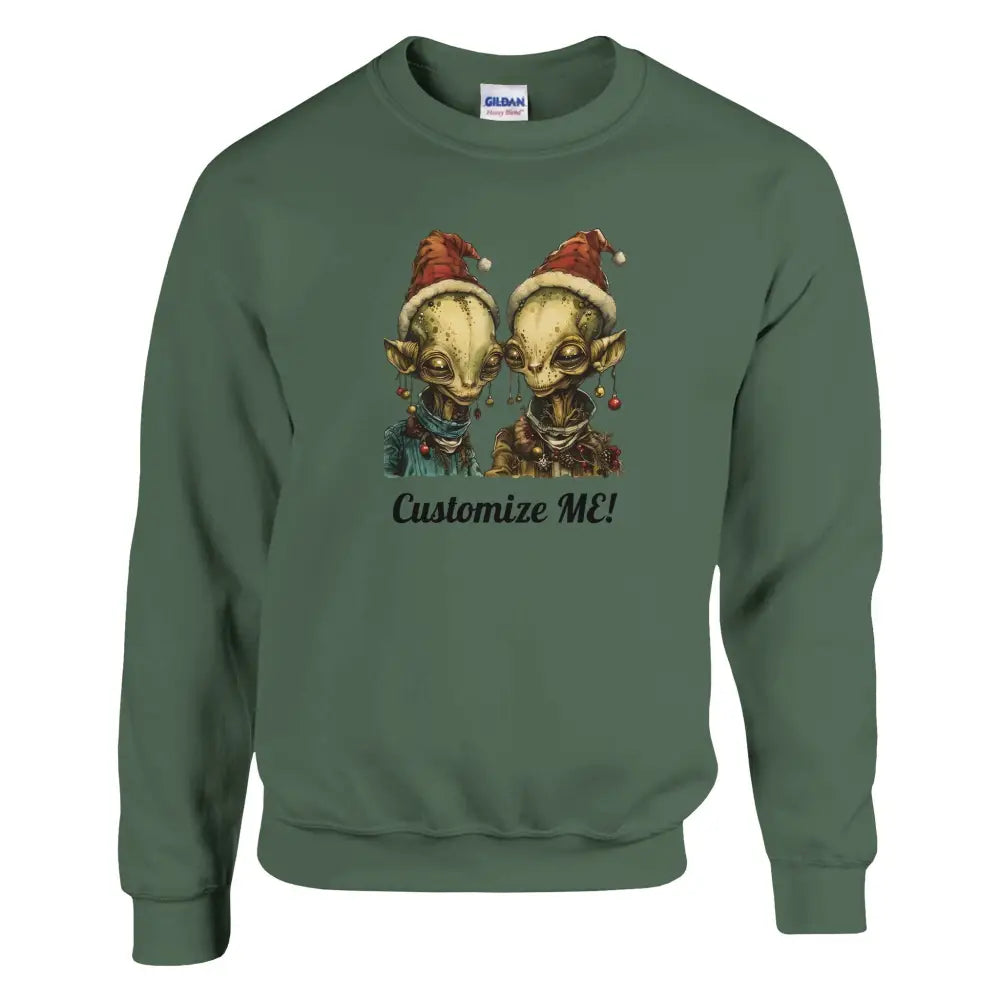 Festive Christmas alien couple graphic on dark green unisex crewneck sweatshirt