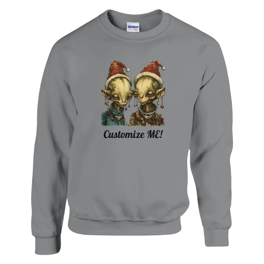 Gray crewneck sweatshirt with festive alien couple graphic