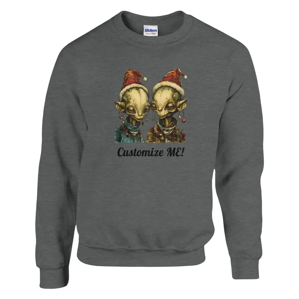 Grey crewneck sweatshirt with elf-like aliens in Santa hats