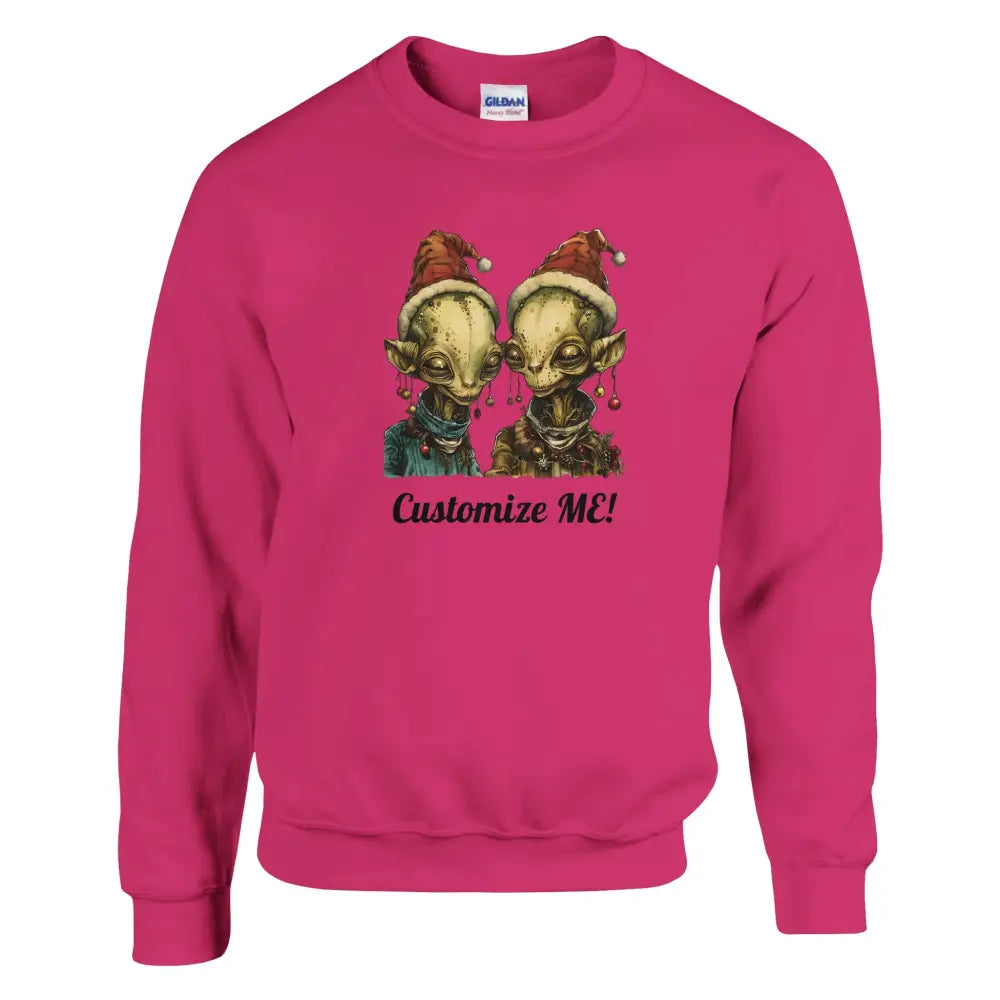 Fuchsia Christmas Alien Couple Graphic Sweatshirt with Customize Me Text