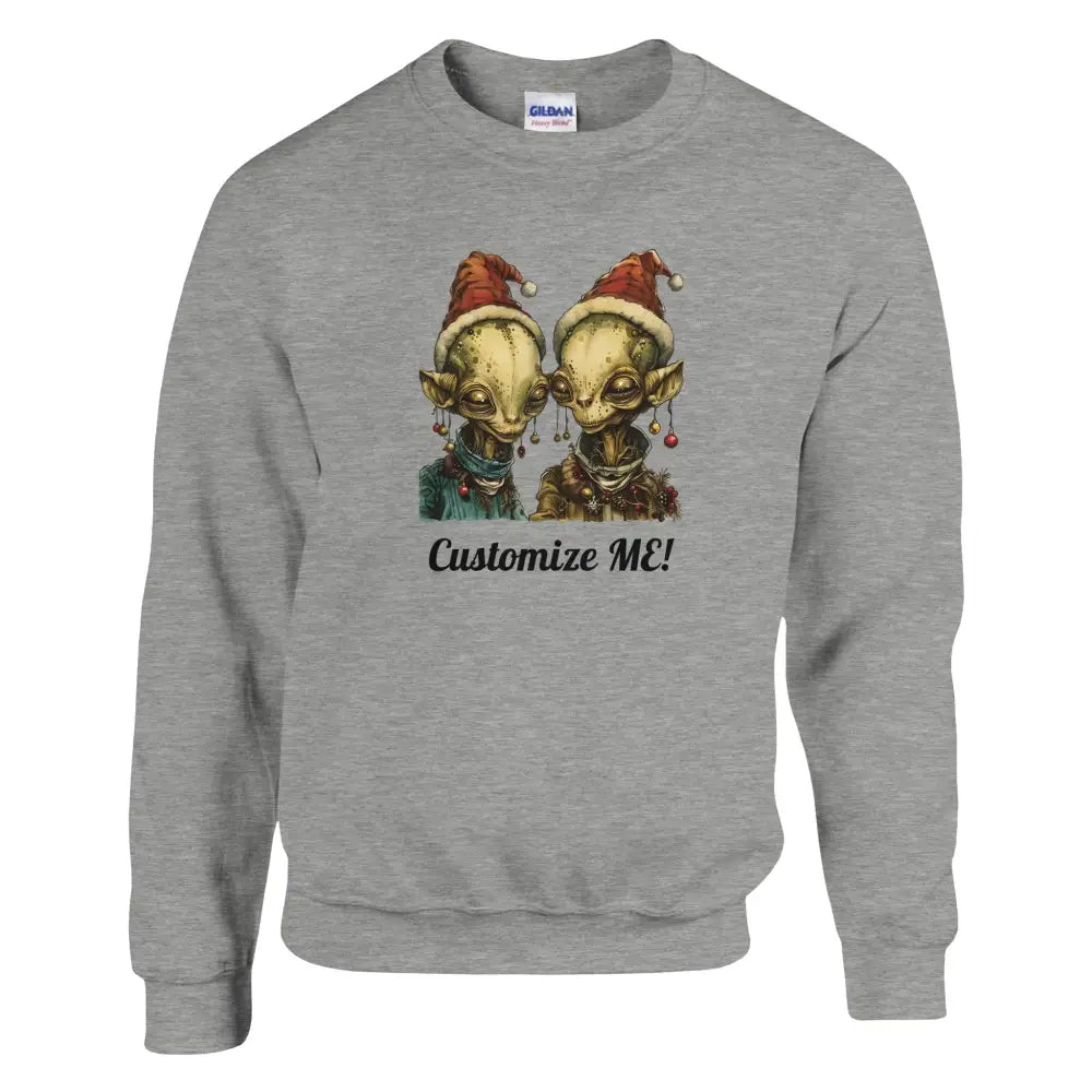 Grey crewneck sweatshirt with Christmas alien couple graphic