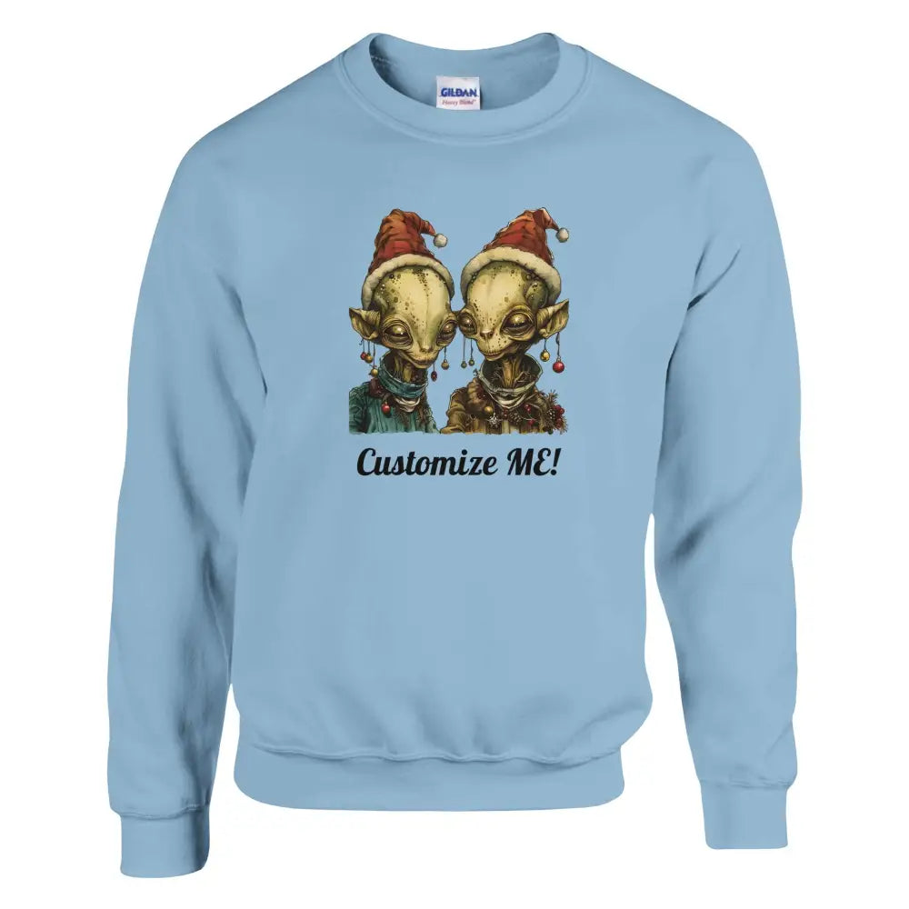 Light blue Christmas alien couple graphic crewneck sweatshirt with custom text