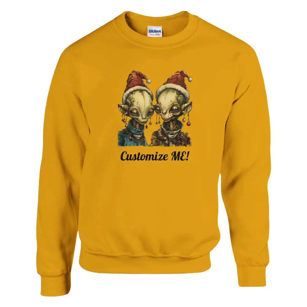 Mustard yellow crewneck sweatshirt with festive alien couple graphic