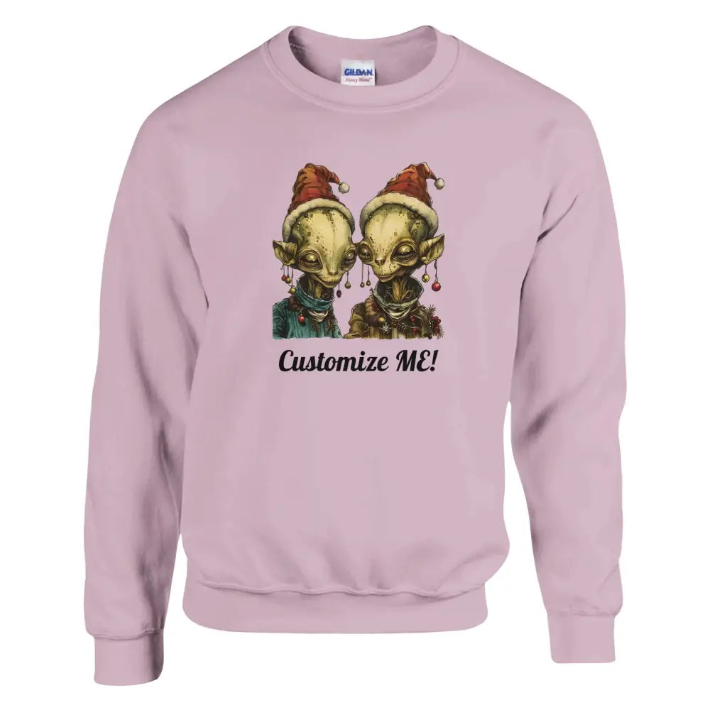 Light pink crewneck sweatshirt with festive alien couple and Customize ME!