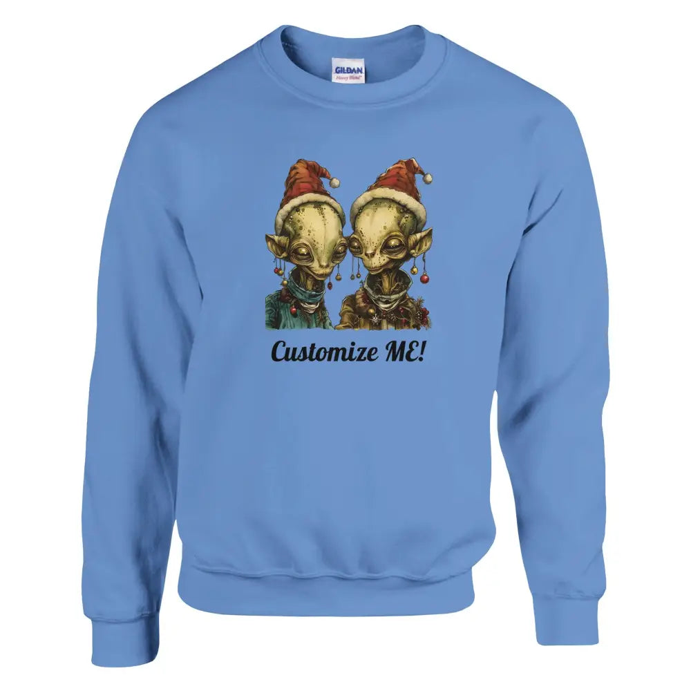 Light blue Christmas alien couple sweatshirt with Santa hats