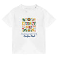 White baby t-shirt with colorful customize me design and font examples