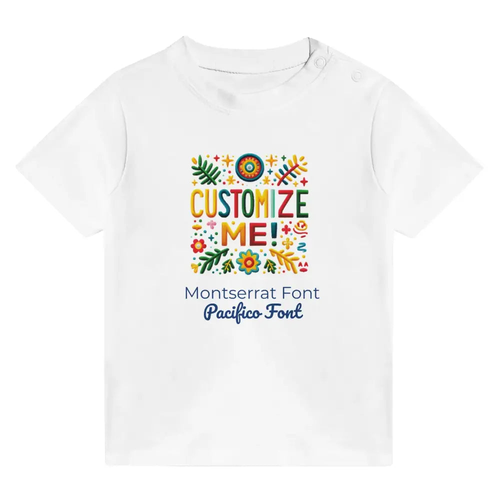 White baby t-shirt with colorful customize me design and font examples
